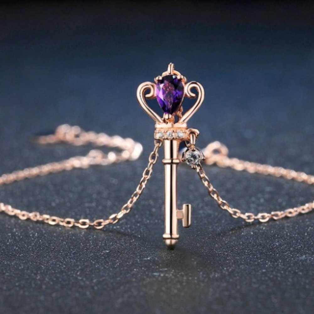 Jewelry bracelet key symbol of freedom power purple amethyst rose gold tone new